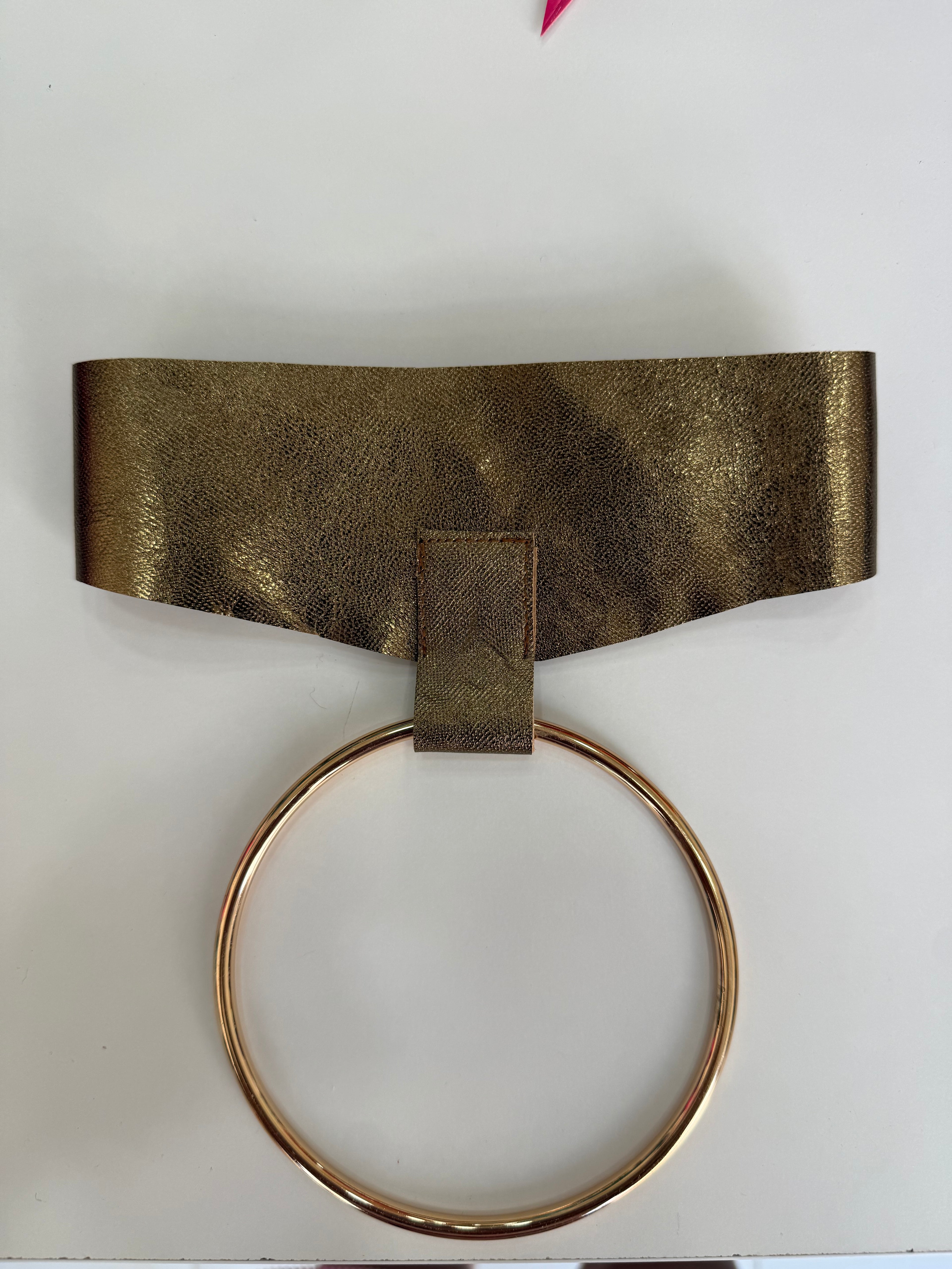 Gold Metallic Statement Circle Necklace Real leather