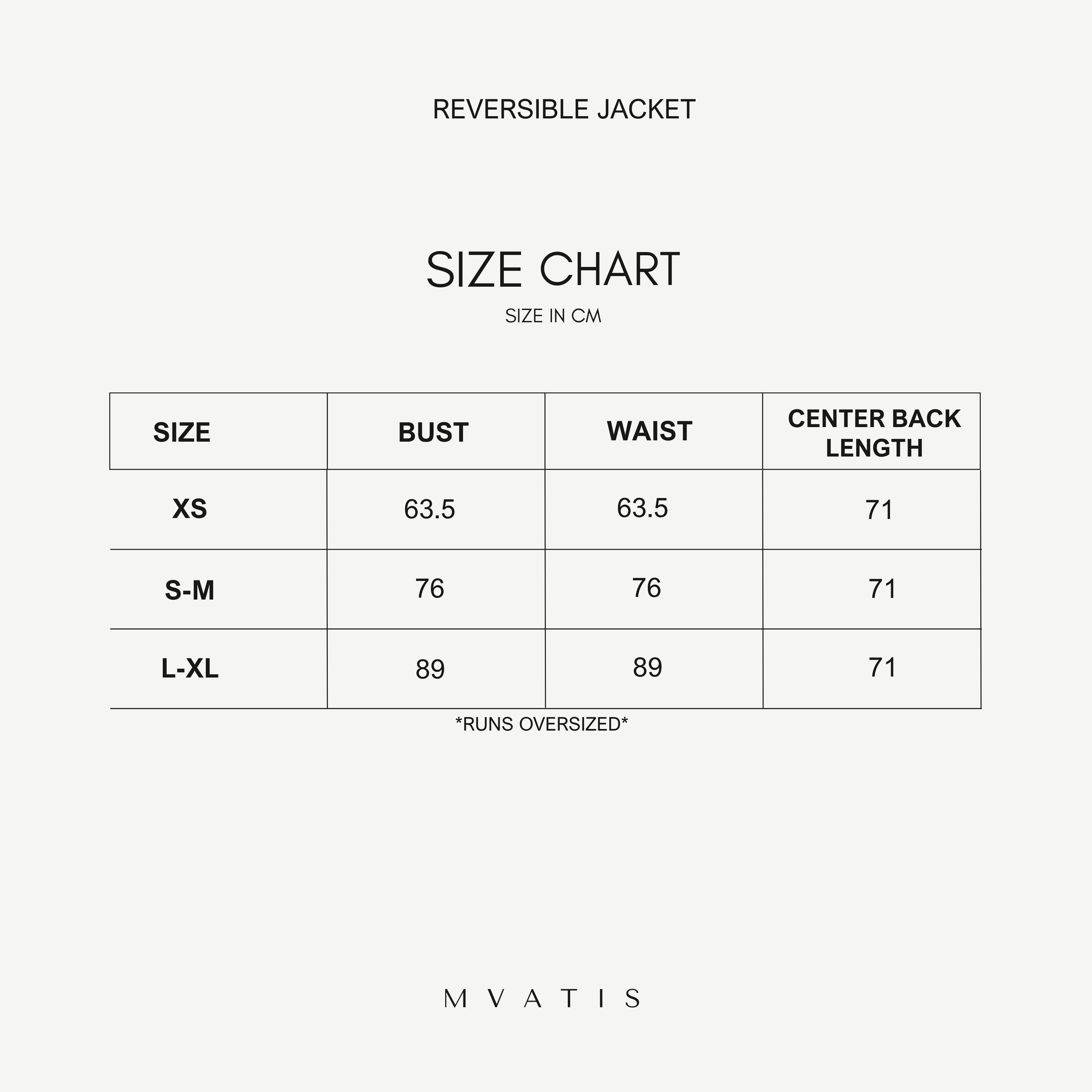 Size chart for a reversible jacket by Mvatis on a white background