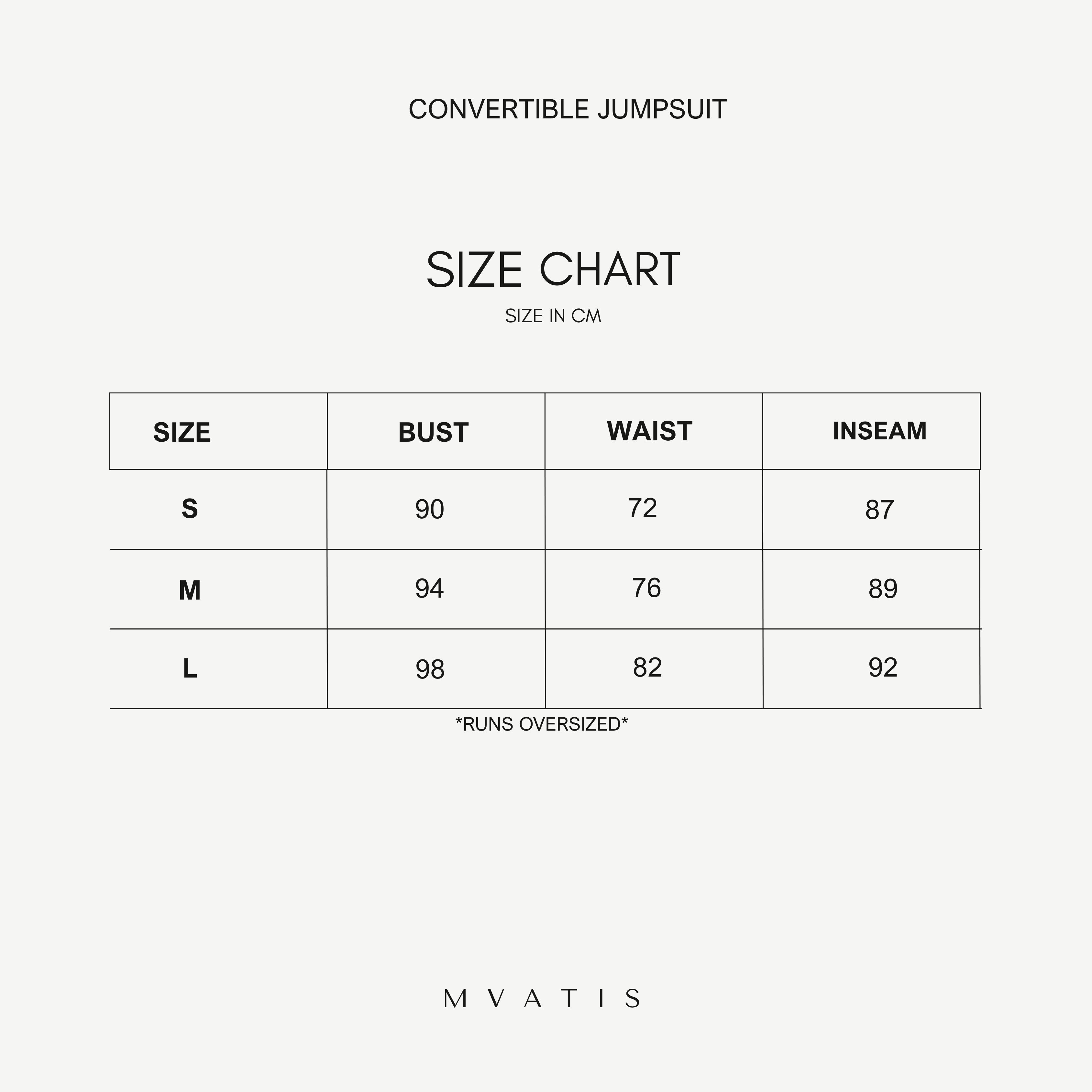 Size chart for a convertible jumpsuit with measurements in centimeters.