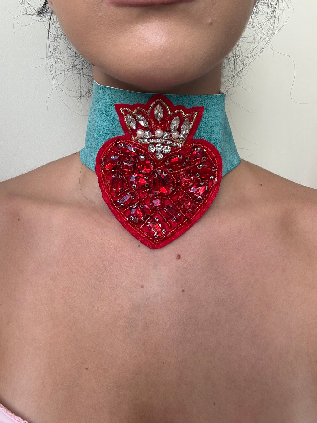 Red Heart Statement Choker with Crystal Crown Embellishment