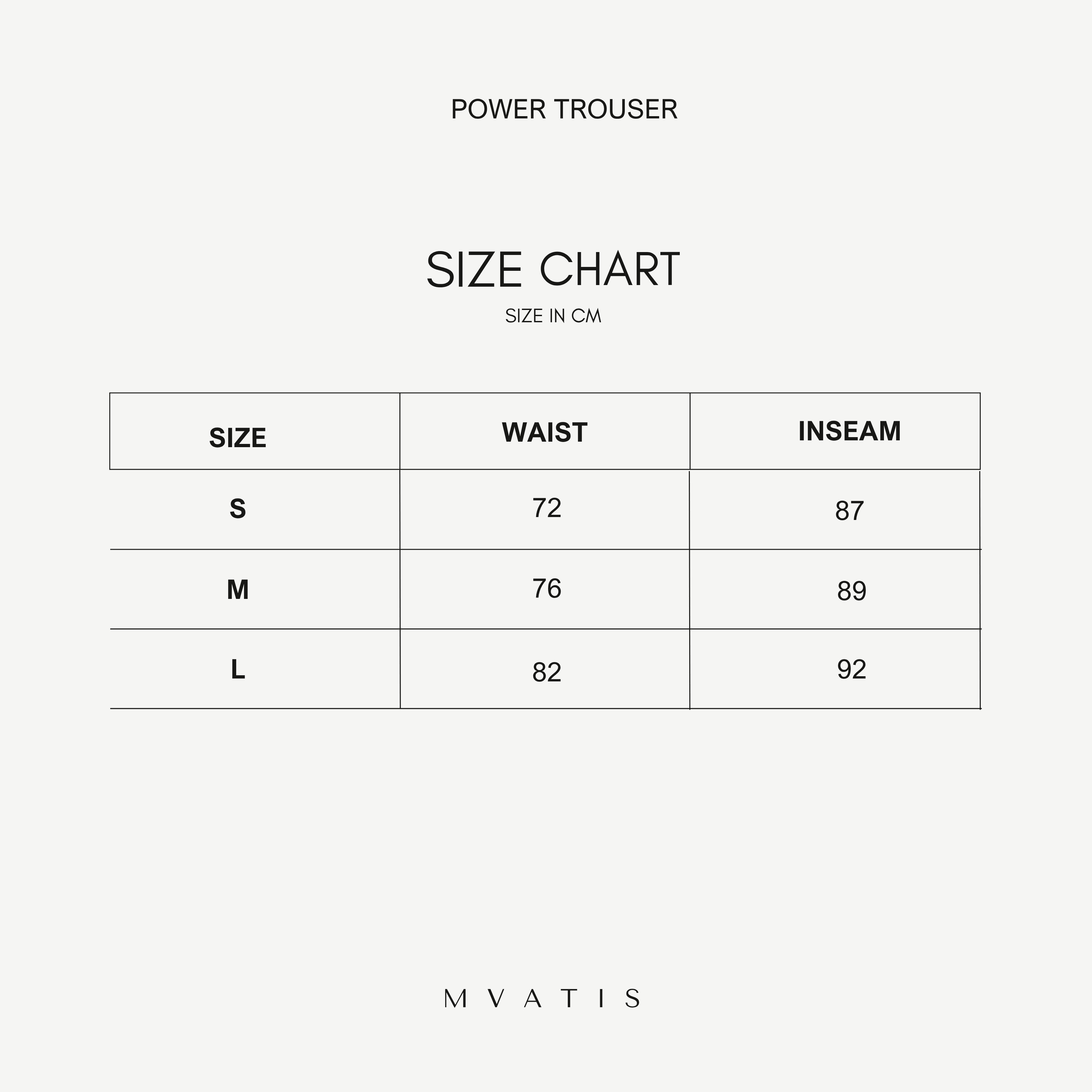 Size chart for power trousers with waist and inseam measurements in centimeters, branded as Mvatis.