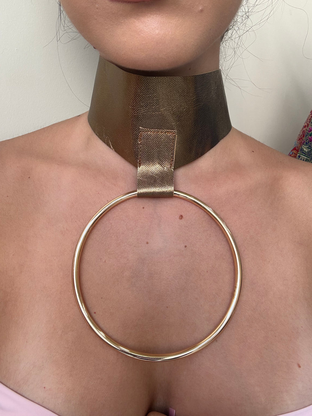 Gold Metallic Statement Circle Necklace Real leather