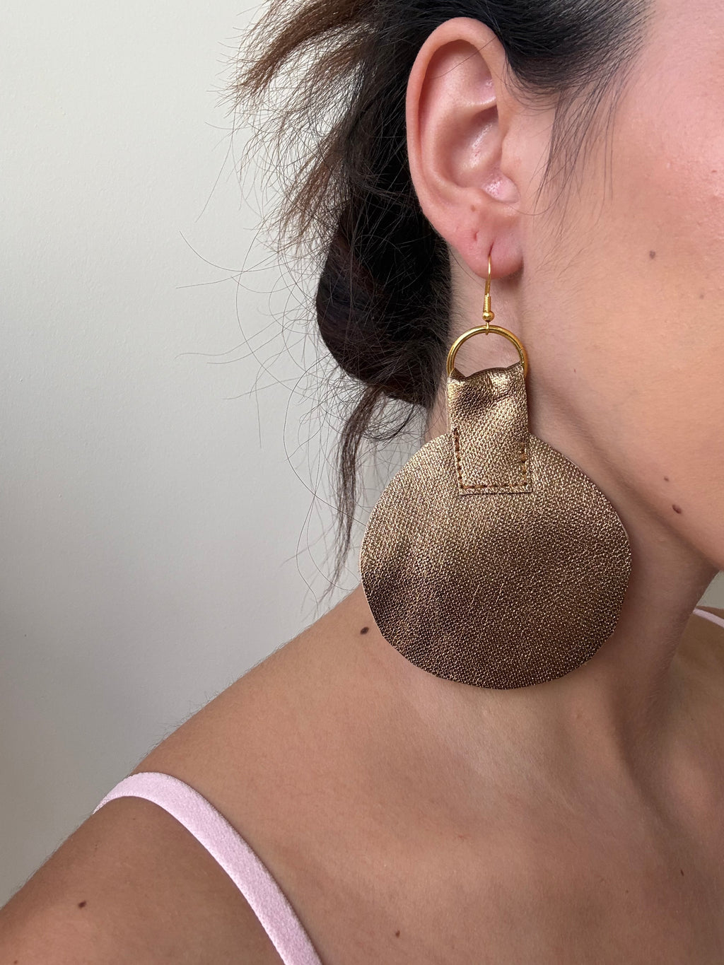 Gold Metallic Oversized Circle Statement Earrings real leather
