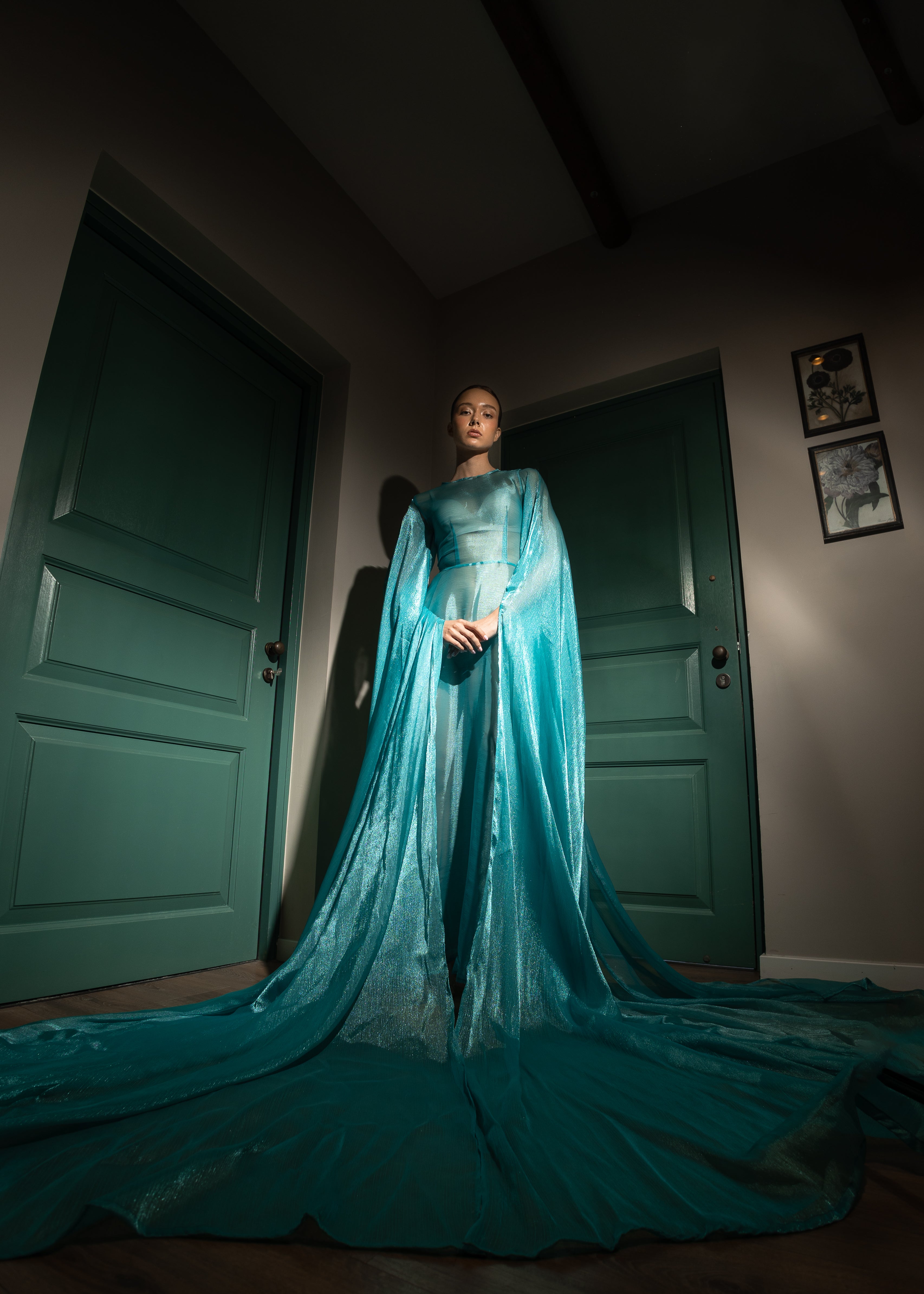 Organza silk dress with dramatic 3-meter long voluminous sleeves and a white zipper closure at the back.